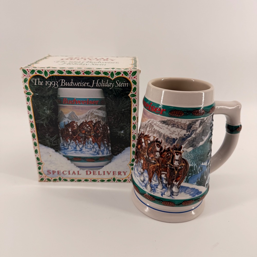 Budweiser Holiday Stein 1993 Special Delivery Clydesdales Ceramic Beer Mug Boxed